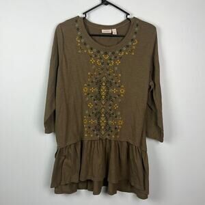 LOGO Lori Goldstein embroidered scoop neck ruffle bottom top size XL